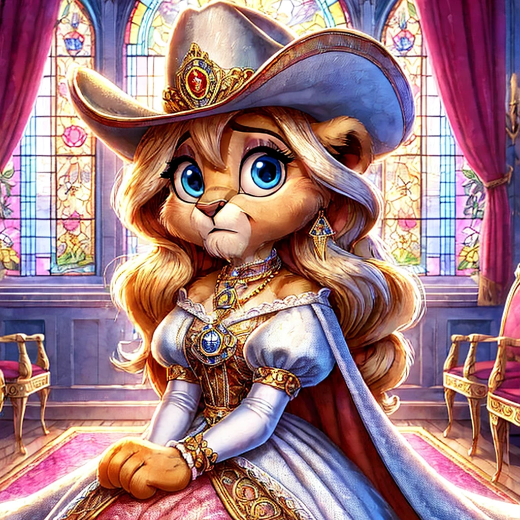 Anastasia Judy Minnie the royal lion cub princess in the royal coronation hall with stained glass windows, wearing a royal cowgirl suit with puffy sleeves, detailed with the royal seal, a long flowing cape, and a renaissance hat with a long feather, Disney cartoon illustration style, looking nervous with a royal pendant around her neck, with the gown falling down looking sexy and cute 
