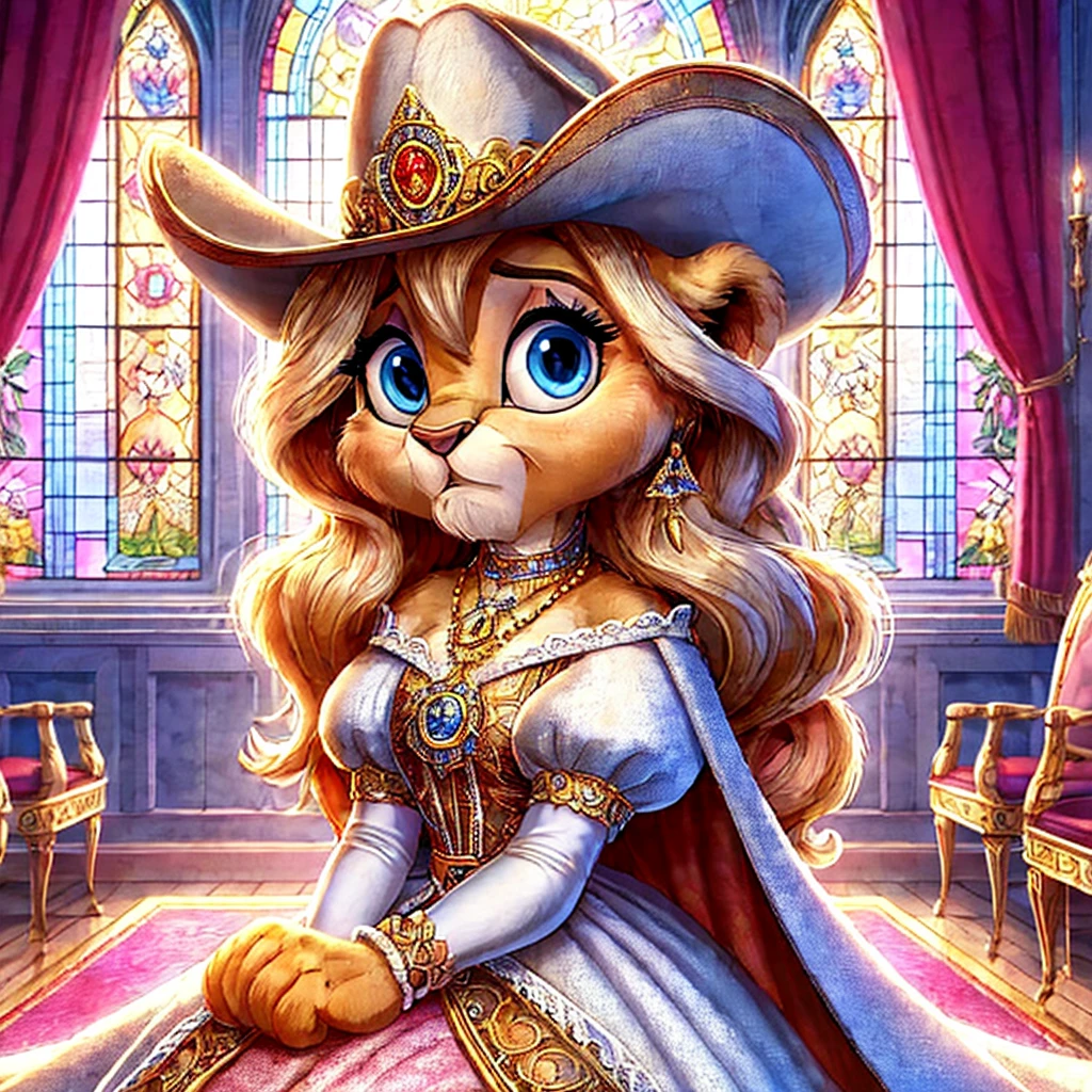 Anastasia Judy Minnie the royal lion cub princess in the royal coronation hall with stained glass windows, wearing a royal cowgirl suit with puffy sleeves, detailed with the royal seal, a long flowing cape, and a renaissance hat with a long feather, Disney cartoon illustration style, looking nervous with a royal pendant around her neck, with the gown falling down looking sexy and cute 
