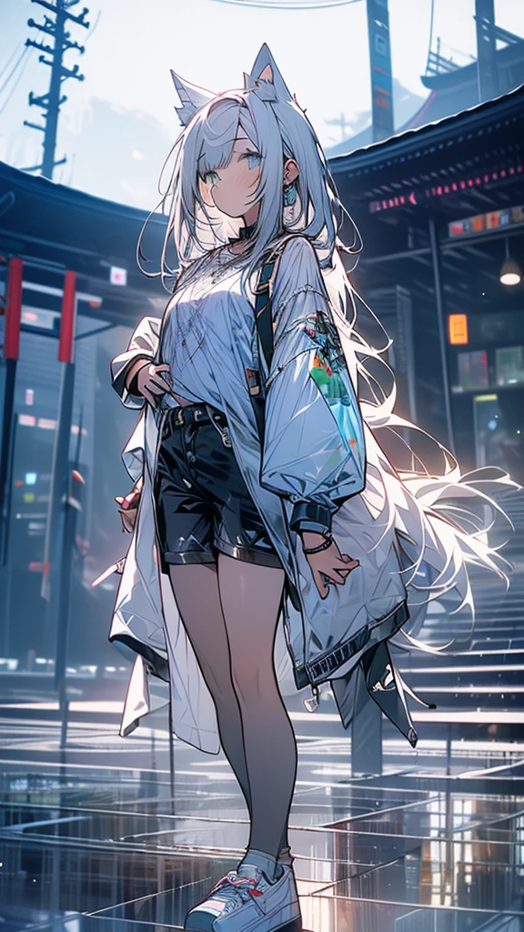 Exquisite detail,Highest quality, One girl, alone, handrail, cloud, Looking up at the buildings,Long Hair, zero, Long sleeve, Power lines, White footwear, Black Hair, View your viewers, Electric pole, bangs, cloudy zero, fish, bird, Green Eyes, Shorts, Day, Black Shirt, barefoot,Blue sky,Star,milky way,Pitch black,Buildings,Standing and looking up,Long Hair, Fuji Mountain,Long legs