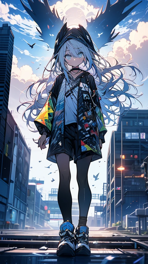 Exquisite detail,Highest quality, One girl, alone, handrail, cloud, Looking up at the buildings,Long Hair, zero, Long sleeve, Power lines, White footwear, Black Hair, View your viewers, Electric pole, bangs, cloudy zero, fish, bird, Green Eyes, Shorts, Day, Black Shirt, barefoot,Blue sky,Star,milky way,Pitch black,Buildings,Standing and looking up,Long Hair, Fuji Mountain,Long legs