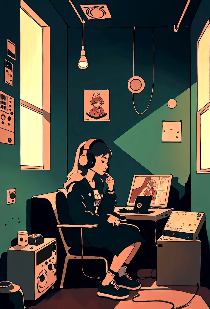Girl listening to music in a cozy room at night, Using headphones, 2D style anime, Lo-fi, hard disk, Dark environment