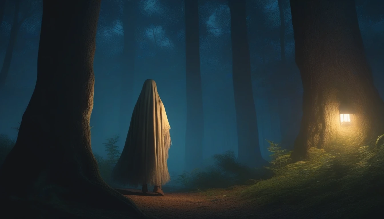Late at night, in a dark forest, the ghost of a girl sneaks a peek behind a tree deep in the forest, high quality, high detail, 4k.8k
