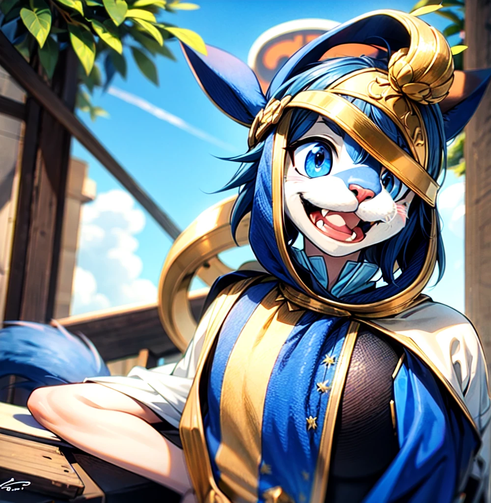 (best quality), (masterpiece), (detailed) male, adult, short blue hair, detailed blue eyes, blue furry rabbit ears, prince of the rabbit kingdom, friendly smile, sunny nature background