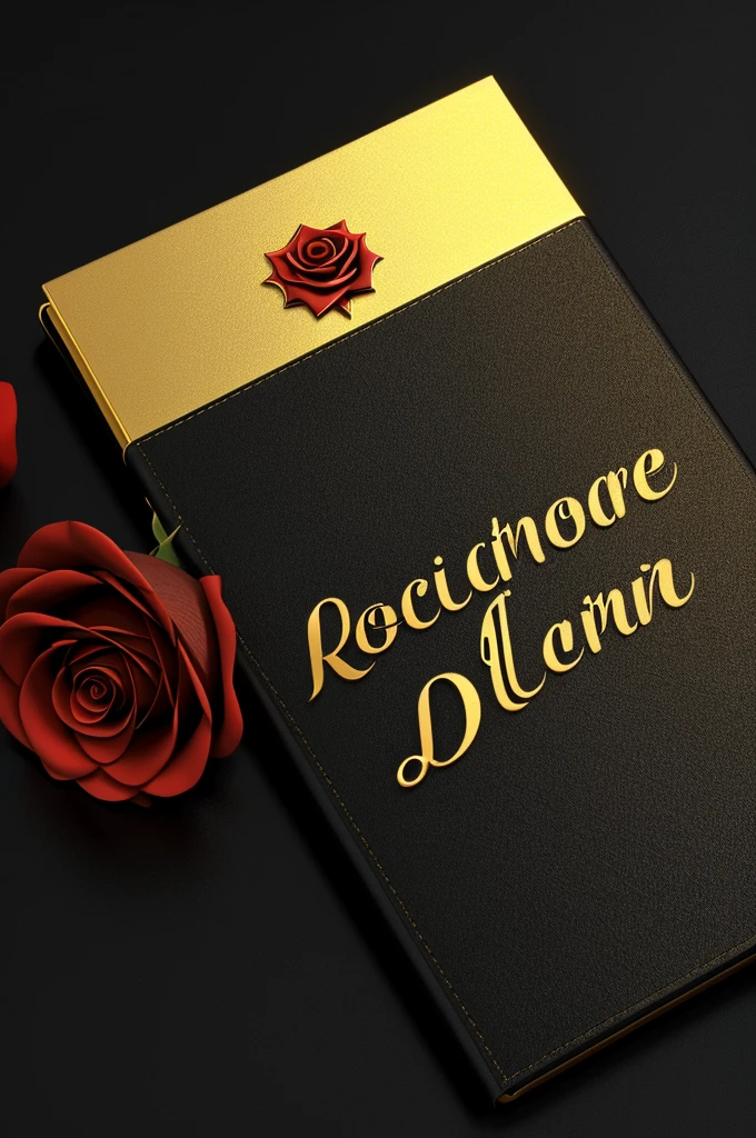3d On top of a black diary ALAMGIR name is written in golden color bold letters,there is a red rose on the pass and some sign pens around it,black background,realistic