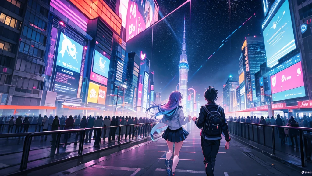 Two anime characters (a boy and a girl) running together through vibrant city streets at night, illuminated by neon lights. They are full of determination and hope, chasing their dreams under the colorful glow of the cityscape. The background features tall skyscrapers, bustling streets, and an atmosphere filled with mystery and adventure. Their expressions are passionate and driven, with hearts on fire, symbolizing their unstoppable spirit. Above them, a dark sky filled with stars represents the eternal sky where they belong. As they run, the first light of dawn begins to break, hinting at a new day and endless possibilities. The scene conveys a sense of unity, resilience, and the pursuit of dreams, with dynamic lighting and vibrant colors highlighting their journey.