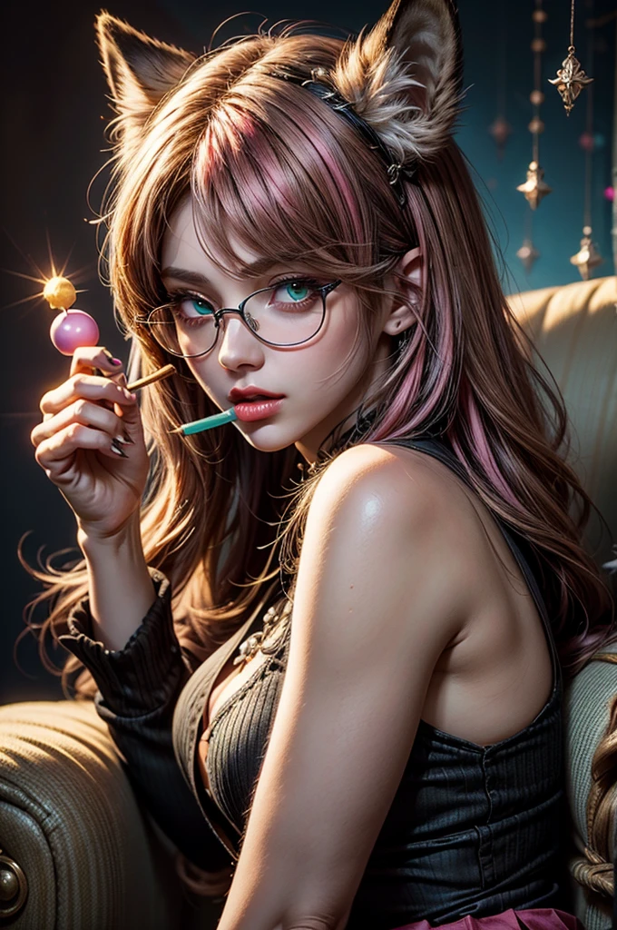 On the luxsurious sofa in seductive pose laying a female kitsune, she have red long hair with pink highlights, charming green eyes. tasty red lips, she dreessed in unbutten blouse, black short skirt high soking and snickers, also she wear glasses, she holding lollypop, she have four gorgeous magic fox tails, (ultra high quality fantasy art, magical fantasy style, masterpiece, ultra high quality character design, 8k quality anime art, realistic anime art, top quality wallpaper illustration, detailed ultra high quality accurate face, high quality design and accurate physic)