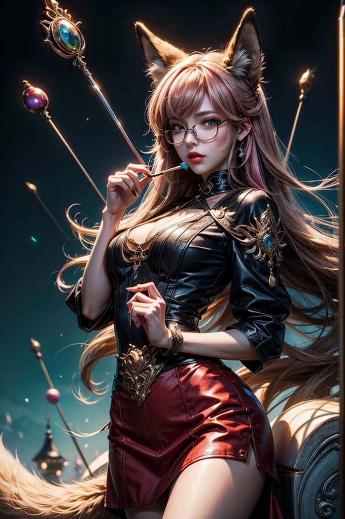 On the luxsurious sofa in seductive pose laying a female kitsune, she have red long hair with pink highlights, charming green eyes. tasty red lips, she dreessed in unbutten blouse, black short skirt high soking and snickers, also she wear glasses, she holding lollypop, she have four gorgeous magic fox tails, (ultra high quality fantasy art, magical fantasy style, masterpiece, ultra high quality character design, 8k quality anime art, realistic anime art, top quality wallpaper illustration, detailed ultra high quality accurate face, high quality design and accurate physic)