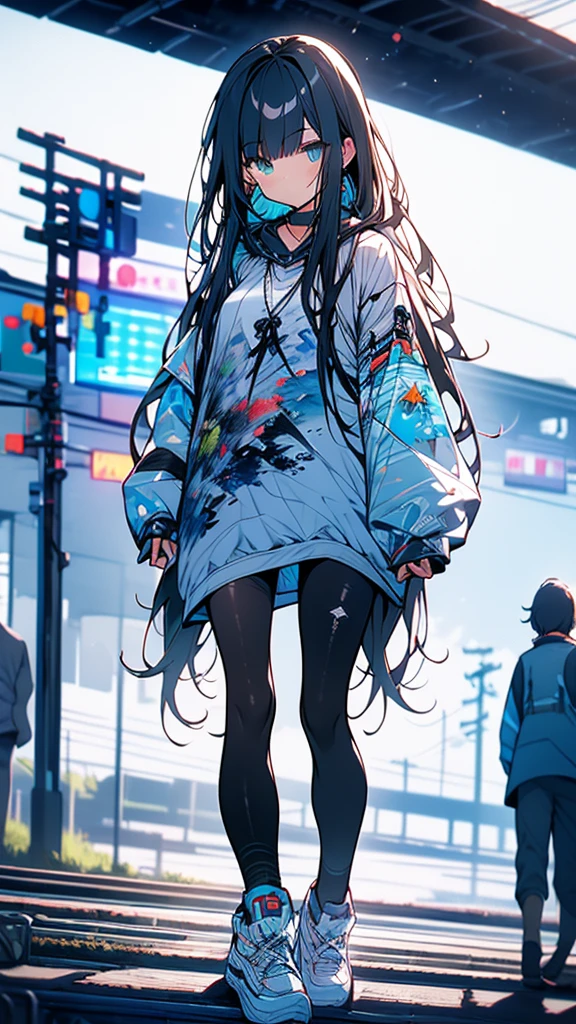 Exquisite detail,Highest quality, One girl, alone, handrail, cloud, Looking up at the buildings,Long Hair, zero, Long sleeve, Power lines, White footwear, Black Hair, View your viewers, Electric pole, bangs, cloudy zero, fish, bird, Green Eyes, Shorts, Day, Black Shirt, barefoot,Blue sky,Star,milky way,Pitch black,Buildings,Standing and looking up,Long Hair, Fuji Mountain,Long legs