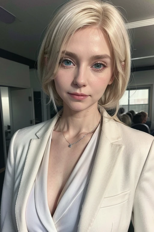 50-year-old woman, platinum blonde shoulder length hair, green eyes, thin nose, medium height, wearing a white blazer, white pantaloons, scarf around her neck, in a party room.