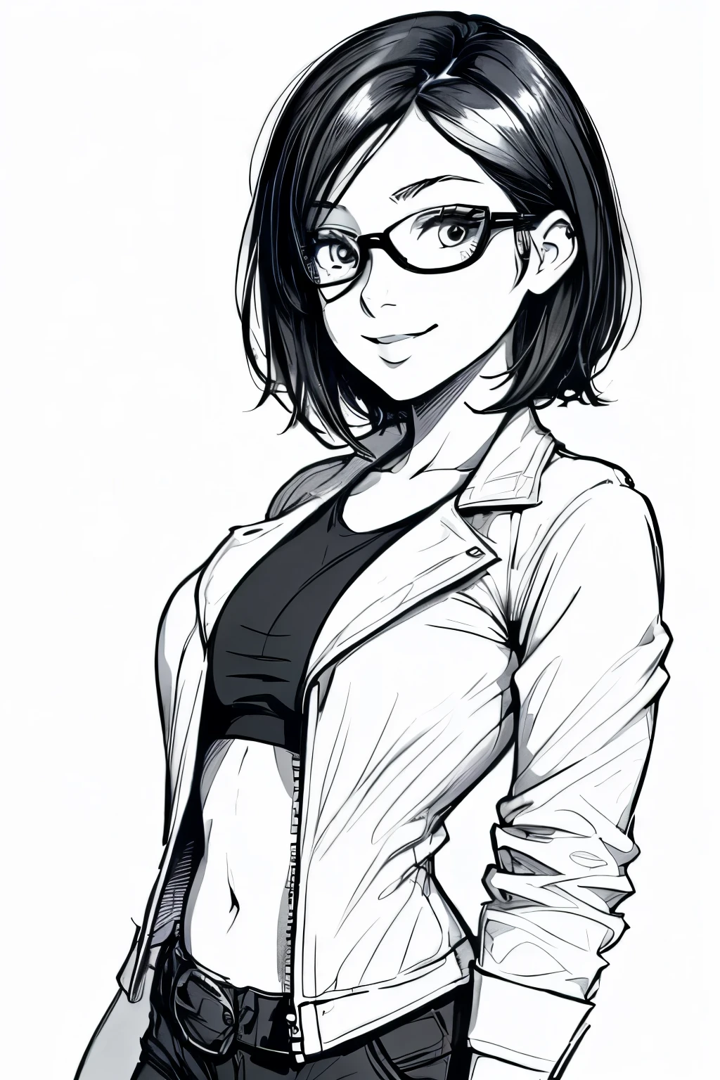 Coloring page for adults. White background, black lines. short hair, sexy body, breast size , tight-fitting jacket, smile, girl 15 yea frame glasses. ((elegance. gradient. Photorealism. Unreal engine. split. 2D model. Ultra high quality textures. high detail. permission 8k))