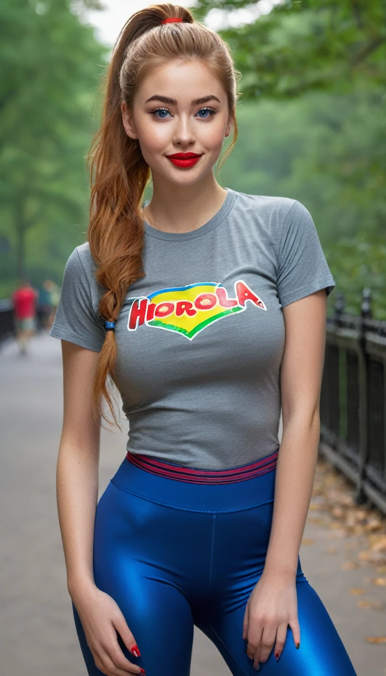 ultrarealistic high quality fullbody photo of a beautiful busty slim european 19-year-old mwoman with cute hyperdetailed shy face and natural ginger long messy ponytail hair and happy face, realistic round hazel eyes, red lips, dark eye makeup with eyeliner, wearing grey t-shirt and metallic crayola blue spandex short leggins, hourglass body, outdoor shooting in central park