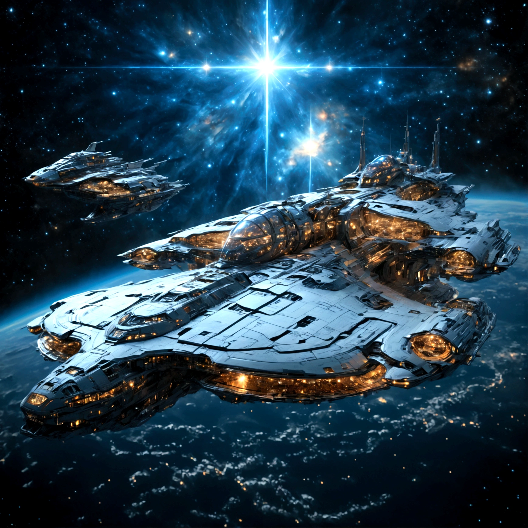 8 k, ((masterpiece)), (Best quality)), Magnificent space photo, Parallel Universe Wars, Space Fleet, Interstellar, Huge Stargate, Huge starship, spaceship, Shining starry sky, super-excellent, high quality