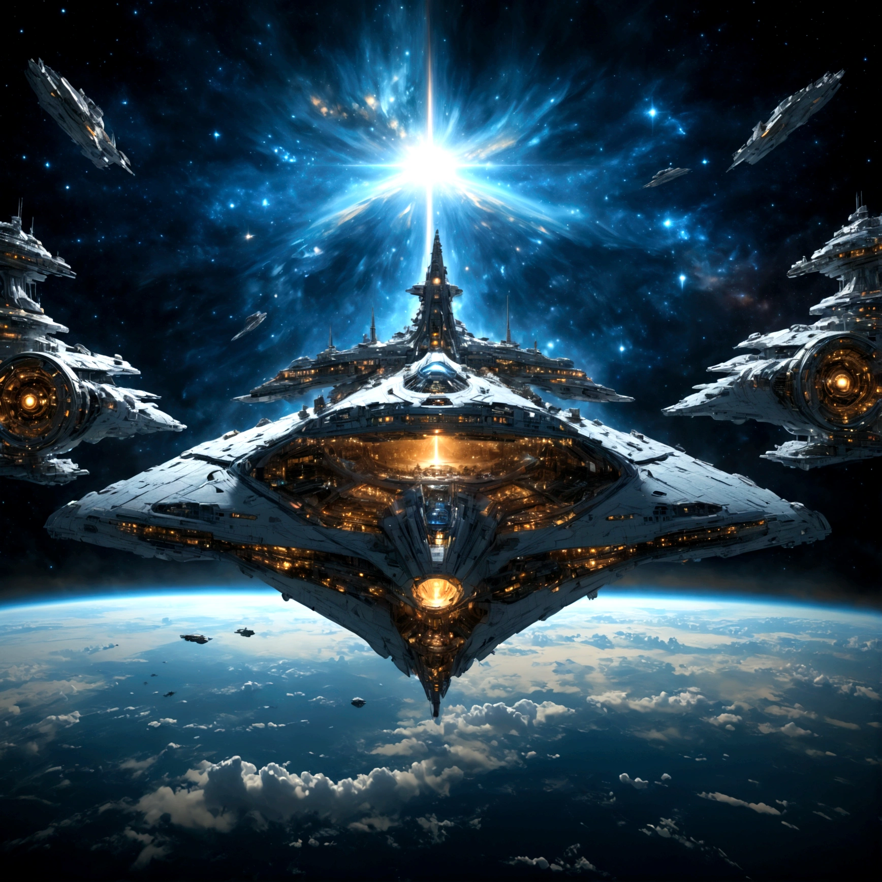 8 k, ((masterpiece)), (Best quality)), Magnificent space photo, Parallel Universe Wars, Space Fleet, Interstellar, Huge Stargate, Huge starship, spaceship, Shining starry sky, super-excellent, high quality