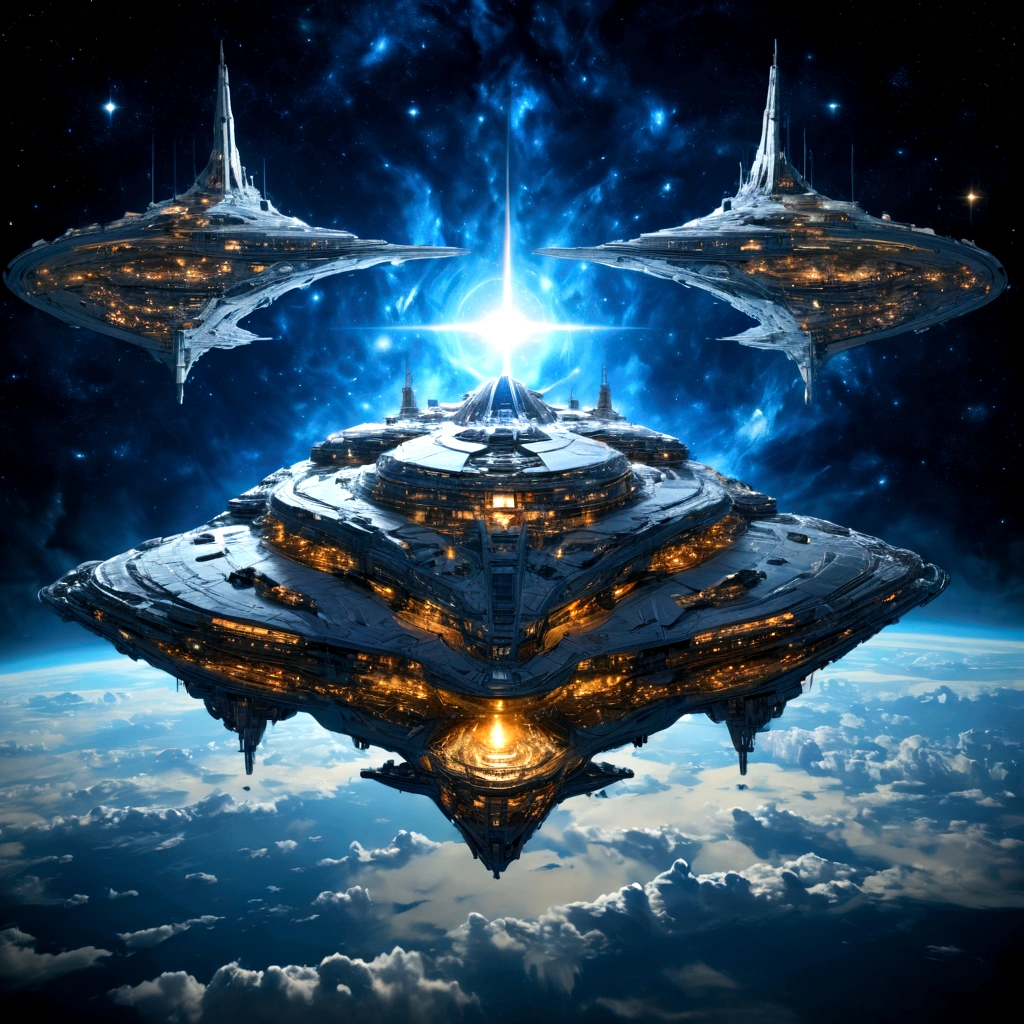 8 k, ((masterpiece)), (Best quality)), Magnificent space photo, Parallel Universe Wars, Space Fleet, Interstellar, Huge Stargate, Huge starship, spaceship, Shining starry sky, super-excellent, high quality