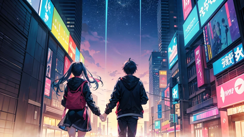 Two anime characters (a boy and a girl) running together through vibrant city streets at night, illuminated by neon lights. They are full of determination and hope, chasing their dreams under the colorful glow of the cityscape. The background features tall skyscrapers, bustling streets, and an atmosphere filled with mystery and adventure. Their expressions are passionate and driven, with hearts on fire, symbolizing their unstoppable spirit. Above them, a dark sky filled with stars represents the eternal sky where they belong. As they run, the first light of dawn begins to break, hinting at a new day and endless possibilities. The scene conveys a sense of unity, resilience, and the pursuit of dreams, with dynamic lighting and vibrant colors highlighting their journey.