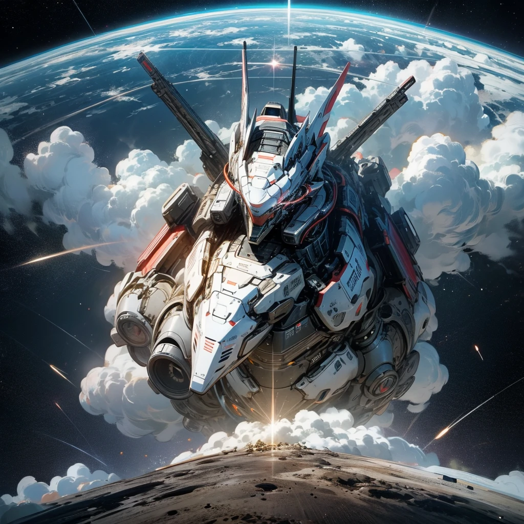 Huge robot destroying earth, space pov, beautiful enviroment
