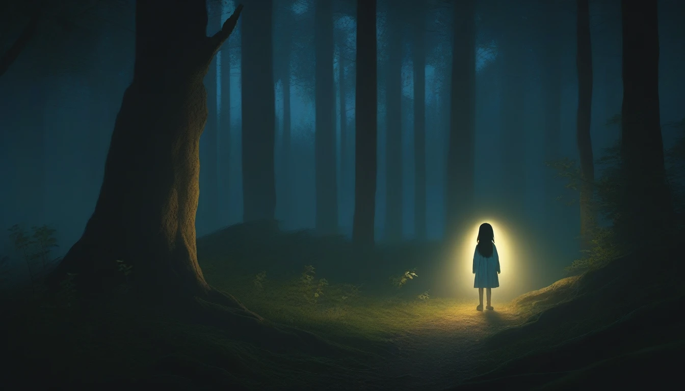 Late at night, in a dark forest, the ghost of a girl sneaks a peek behind a tree deep in the forest, high quality, high detail, 4k.8k
