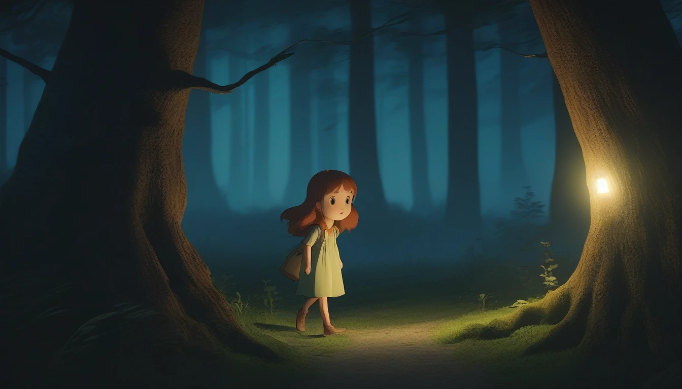 Late at night, in a dark forest, the ghost of a girl sneaks a peek behind a tree deep in the forest, high quality, high detail, 4k.8k