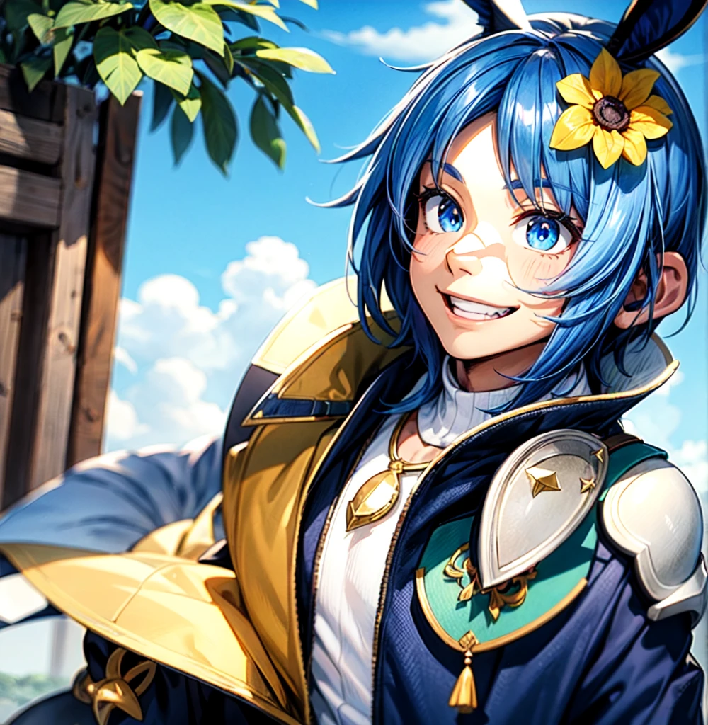 (best quality), (masterpiece), (detailed) male, adult, short blue hair, detailed blue eyes, blue furry rabbit ears, prince of the rabbit kingdom, friendly smile, sunny nature background