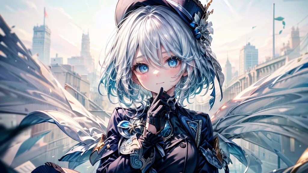 (Best Quality, 4k, 8k, High resolution, Masterpiece:1.2), ultra detailed,shading, 1 girl, Furina, SMILE, short hair, blue eye fundus, gloves, long sleeves, has, White background, hair between the eyes, jewelry, Closed mouth, blue fur, Jacket, He drowned, by white, black gloves, striped hair, comforter, Brooch, blue hats, blue gloves,by white, Upper part of the body,