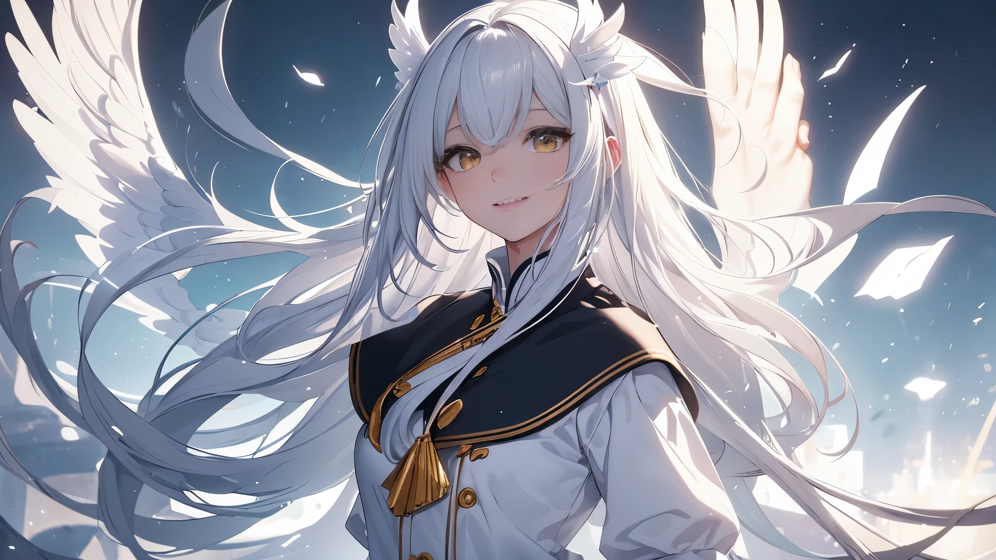 8k resolution, ((of the highest quality)), ((Masterpiece)), ((super detailed)), (very delicate and beautiful), with a girl, Alone, gentle expression, She is very(chill out)with(calm)Appearance,gray fur, Depth of written limits., bright smile, bright yellow eyes, bright white hair, beautiful background, Long Hair - Line Art, black skirt, White uniform like a sailor suit., angel, Angel&#39;s white wings, White feathers fluttering, Eyes that shine like amber, upper eye, wonderful eyes