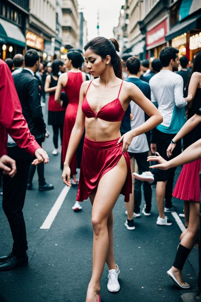 Lonely dancer but surrounded by people.
Opposite colors. Disconnection.