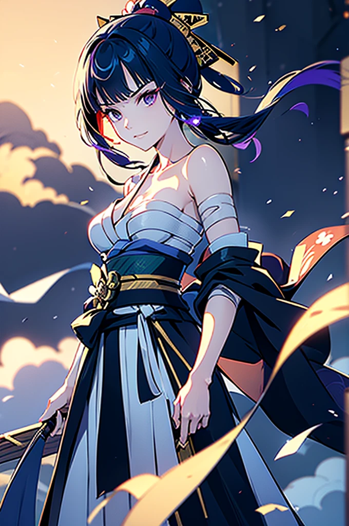 ((roll up bandage sideways on a  chest tightly to cover the chest without gaps)), Japanese Gangster BOSS, adult woman with the dignified presence, Killing Qi, no wear around shoulder,wear the kimono from the waist down, ((kimono come off)) ,wear the kimono multiple times, Bare shoulders and the clavicle, black and gold kimono, put on over jacket of kimono, holding a japanese sword which shine in purple, long sword, eye fire, low angle, whole body, bandage is seen, anime character, Glaring, off sholder, nappropriate smile, Excellent, black blue hair, can see both shoulder, long hem, Breasts are small