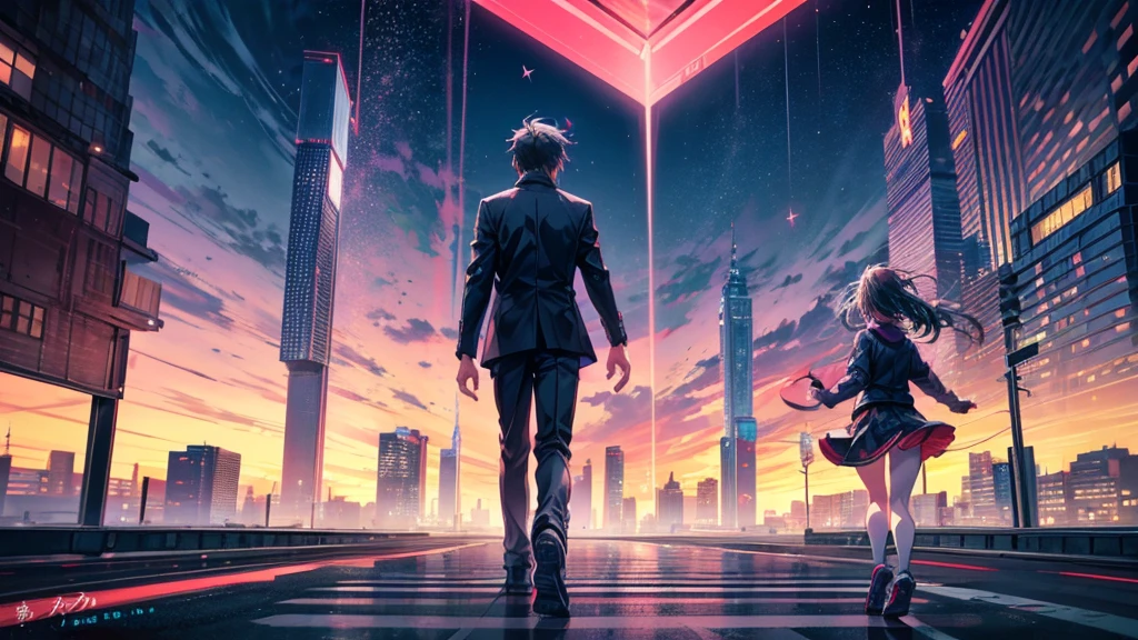 Two anime characters (a boy and a girl) running together through vibrant city streets at night, illuminated by neon lights. They are full of determination and hope, chasing their dreams under the colorful glow of the cityscape. The background features tall skyscrapers, bustling streets, and an atmosphere filled with mystery and adventure. Their expressions are passionate and driven, with hearts on fire, symbolizing their unstoppable spirit. Above them, a dark sky filled with stars represents the eternal sky where they belong. As they run, the first light of dawn begins to break, hinting at a new day and endless possibilities. The scene conveys a sense of unity, resilience, and the pursuit of dreams, with dynamic lighting and vibrant colors highlighting their journey.