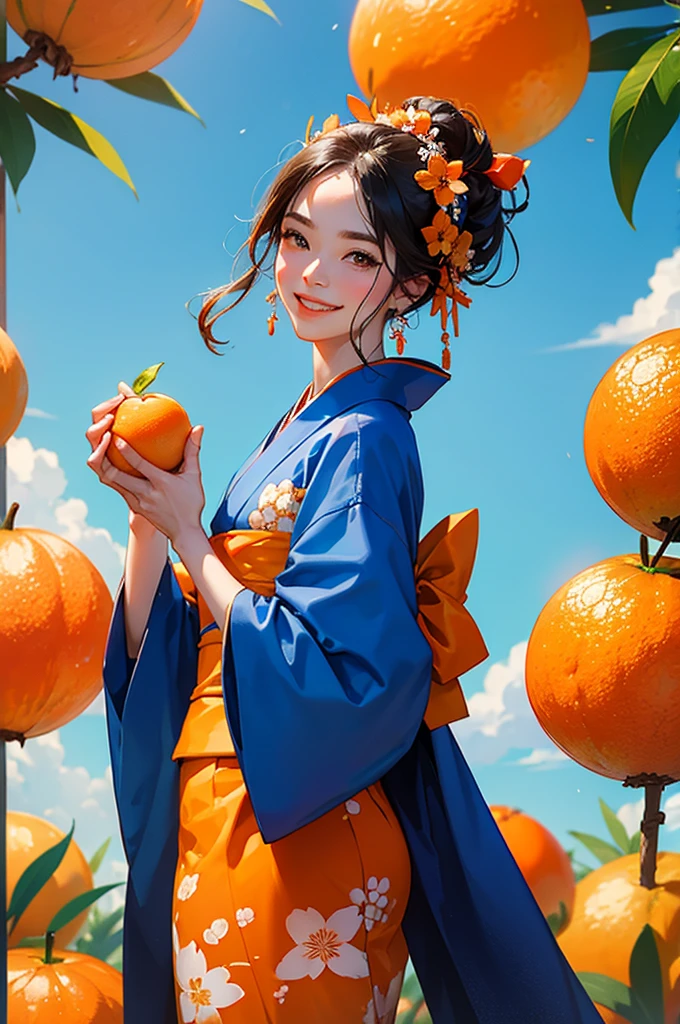 A smiling beautiful woman in a kimono holding an orange fruit under a blue sky bites into a slice of orange