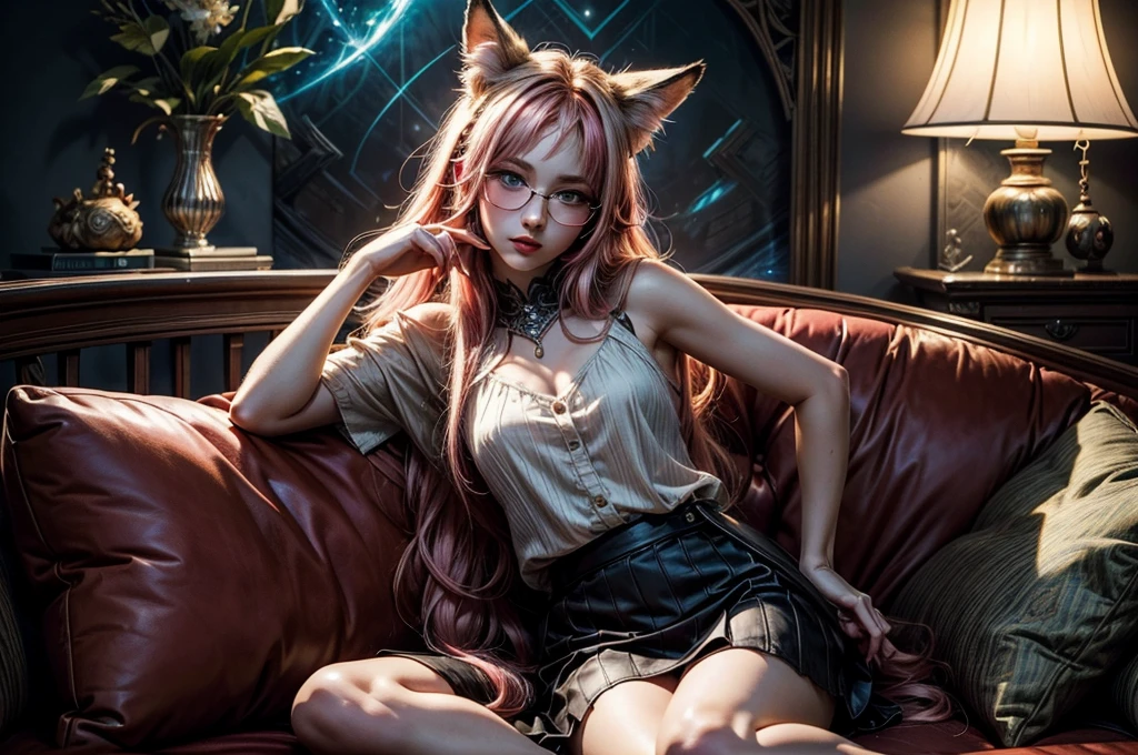 On the luxsurious sofa in seductive pose laying a female kitsune, she have red long hair with pink highlights, charming green eyes. tasty red lips, she dreessed in unbutten blouse, black short skirt high soking and snickers, also she wear glasses, she holding lollypop, she have four gorgeous magic fox tails, (ultra high quality fantasy art, magical fantasy style, masterpiece, ultra high quality character design, 8k quality anime art, realistic anime art, top quality wallpaper illustration, detailed ultra high quality accurate face, high quality design and accurate physic)