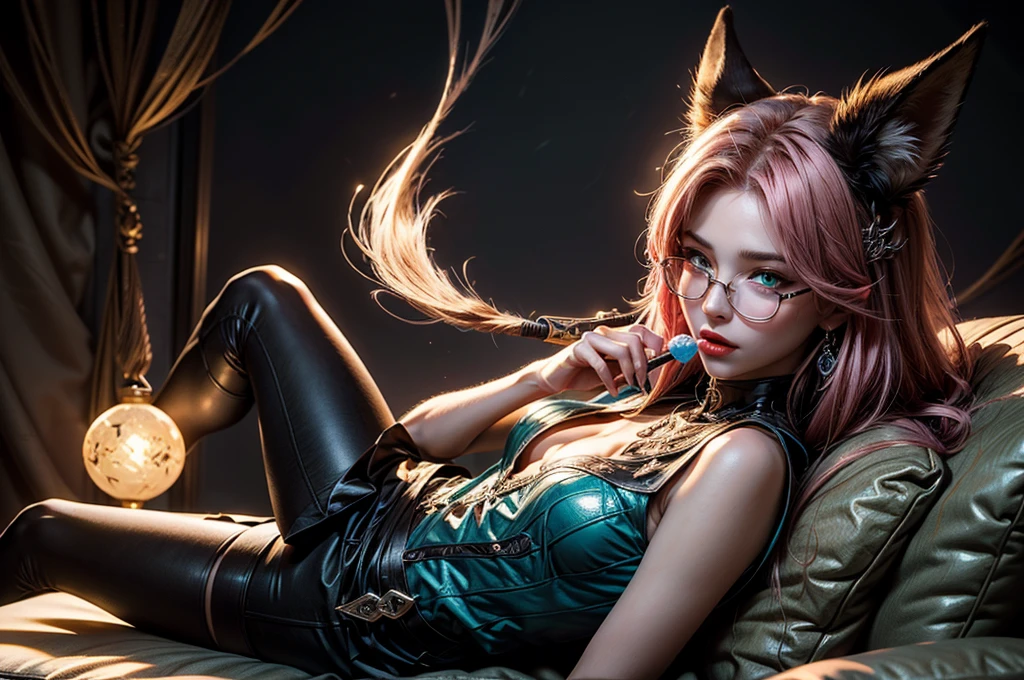 On the luxsurious sofa in seductive pose laying a female kitsune, she have red long hair with pink highlights, charming green eyes. tasty red lips, she dreessed in unbutten blouse, black short skirt high soking and snickers, also she wear glasses, she holding lollypop, she have four gorgeous magic fox tails, (ultra high quality fantasy art, magical fantasy style, masterpiece, ultra high quality character design, 8k quality anime art, realistic anime art, top quality wallpaper illustration, detailed ultra high quality accurate face, high quality design and accurate physic)
