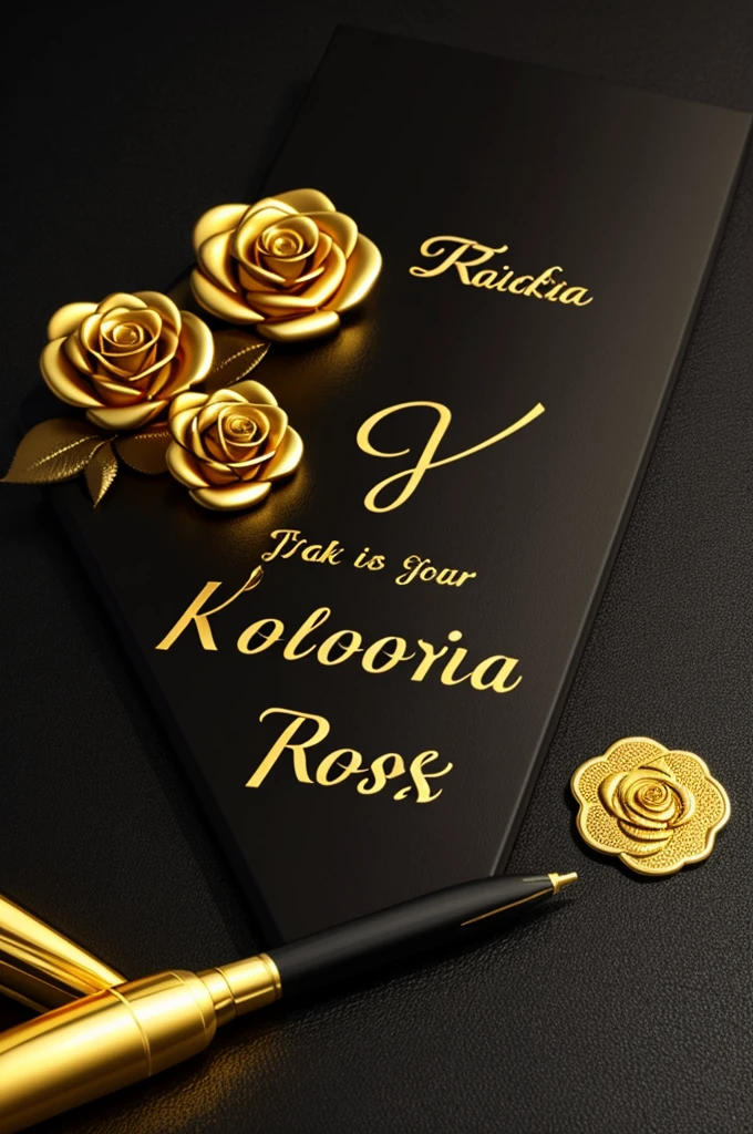 3d On top of a black diary Taniya name is written in golden color bold letters,there is a red rose on the pass and some sign pens around it,black background,realistic