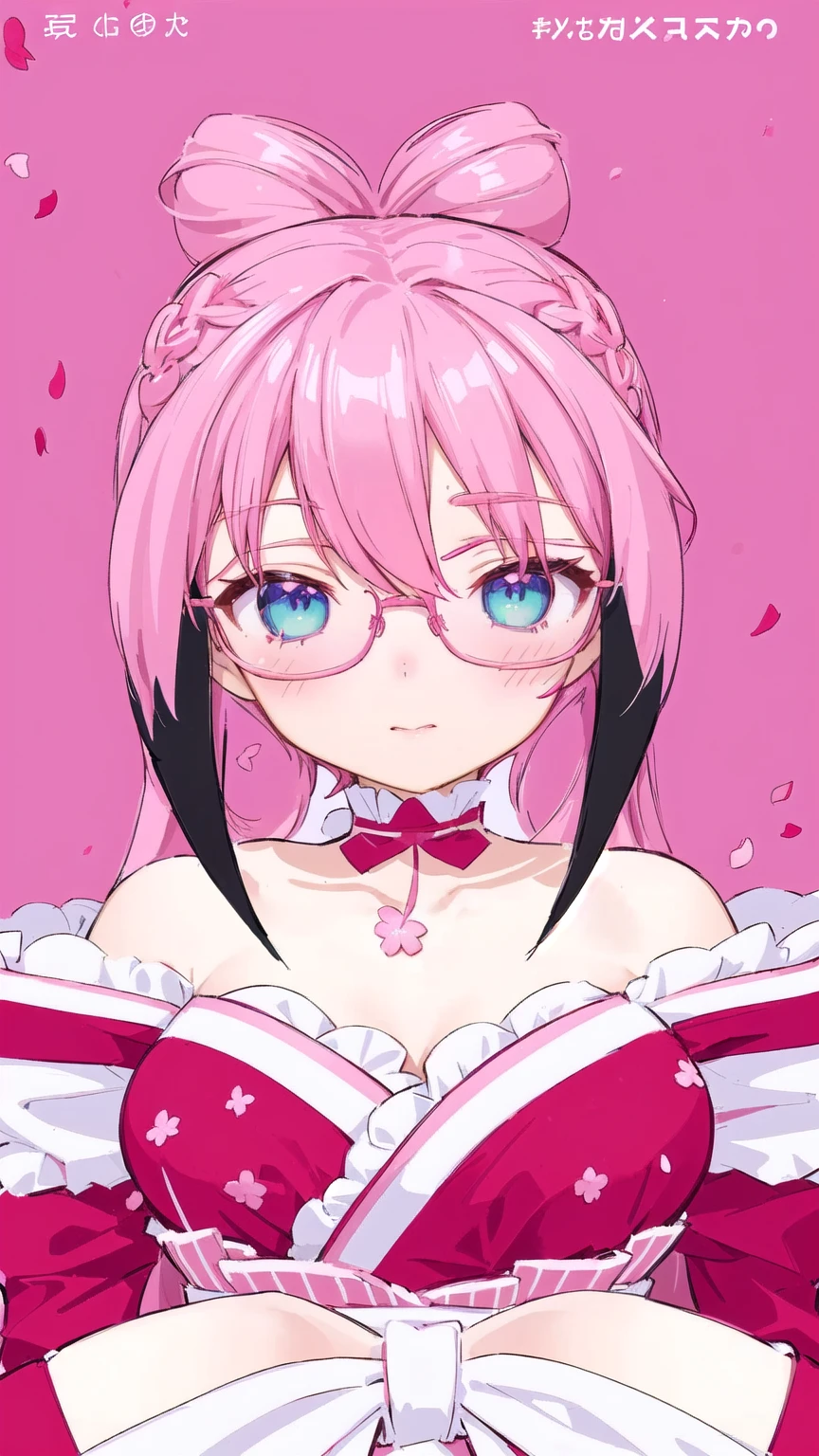 anime girl with pink hair and glasses in a red dress, anime moe artstyle, pink twintail hair and cyan eyes, my dress up darling anime, , made with anime painter studio, 8k!!, sakura petals around her, anime styled 3d, sakura kinomoto, gapmoe yandere, stylized anime, anime stylized