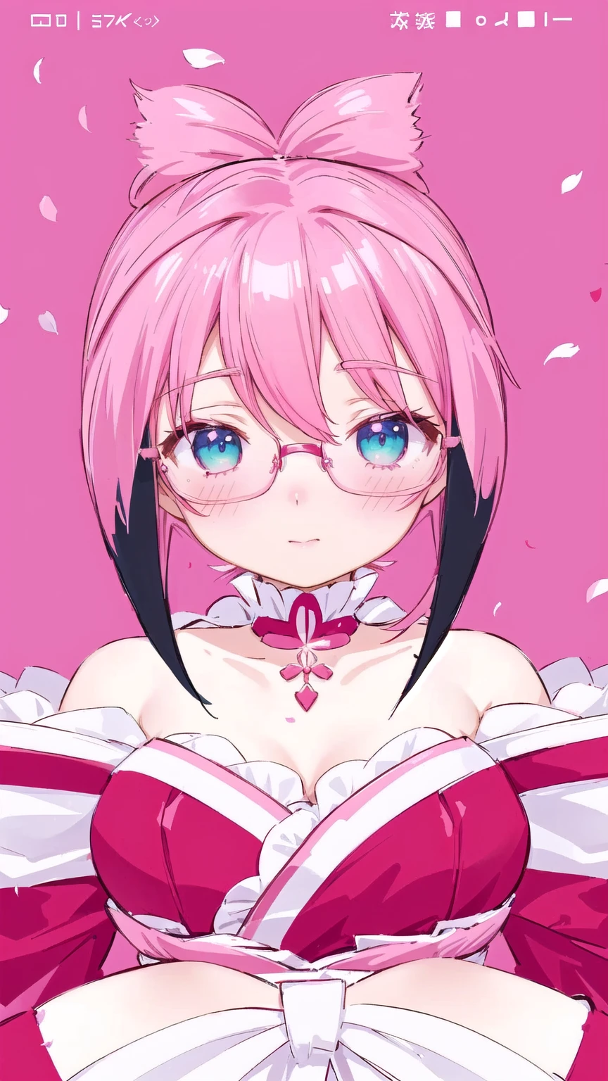 anime girl with pink hair and glasses in a red dress, anime moe artstyle, pink twintail hair and cyan eyes, my dress up darling anime, , made with anime painter studio, 8k!!, sakura petals around her, anime styled 3d, sakura kinomoto, gapmoe yandere, stylized anime, anime stylized