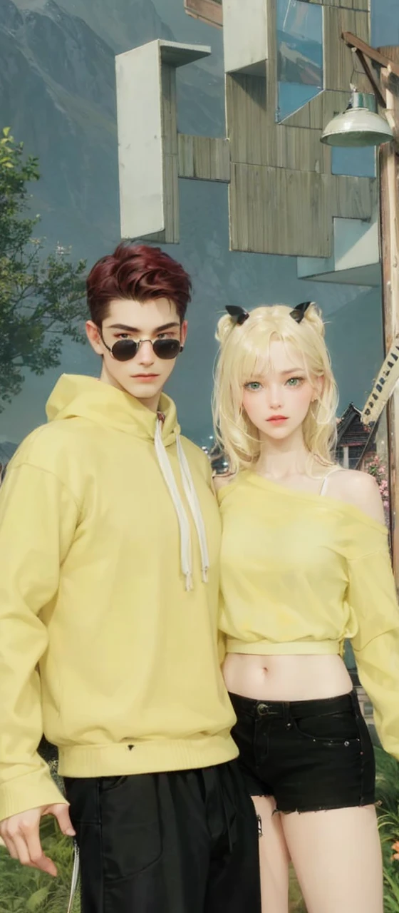 Couple, 1 girl 1 boy, different hair color, long blonde wavy hair no bangs and grey eyes, pink sundress, short black hair and (green eyes). Black shirt open and jeans, height different, detailed eyes, looking the viewer. They hug. Background mountain chalet at night