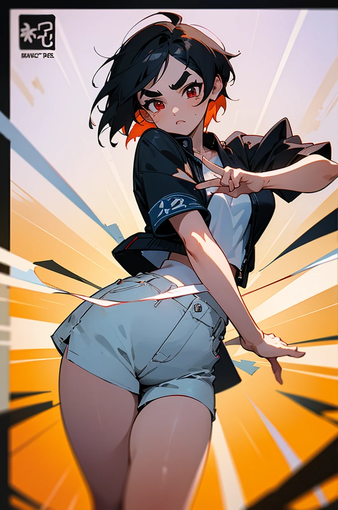 anime style,artistic, masterpiece,best quality,ssuper detailed,super fine illustration, highly detailed, dynamic angle, beautiful detailed, 8k,detailed background, On a summer afternoon, in a record studio, BREAK a female musician is singing in front of the viewer. She is wearing a white T-shirt with a graffiti art-style cat illustration and wearing black jacket,hot pants.Break very short hair,flat chest,black hair,red-eyes,(full-face brasched:1.3),perfect hands,perfect fingers,Tsurime,(thick eyebrows:1.3),headset,