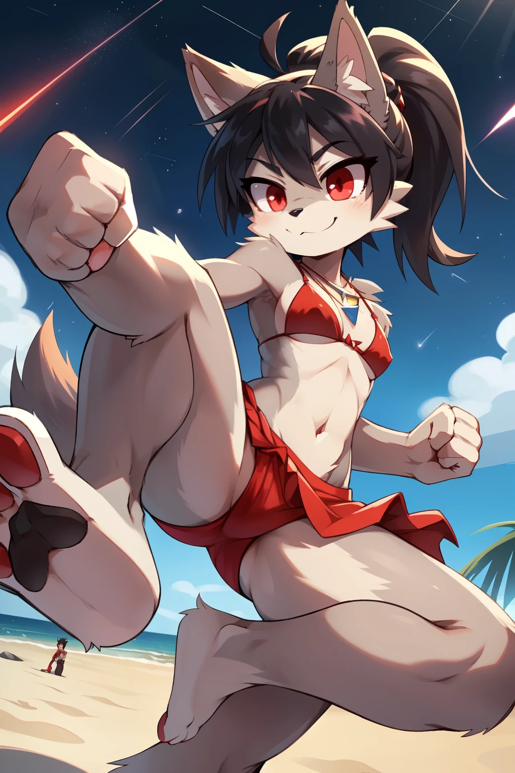 score_9,score_8_up,score_7_up, source_cartoon, source_furry, furry girl, wolf, black hair, punk hairstyle, huge long spiky ponytail, anime style, small breasts, red eyes, ((deep red bikini ruffled triangle, high cut bottom, star necklace, beach sarong with shooting stars on hips)), high quality, detailed body, detailed eyes, detailed face, masterpiece, glistening body, detailed body fur, best quality, two tone body, gray fur, clear gray fur, perfect lighting, perfect shadows, perfect eyes, perfect hair, perfect face, gorgeous body, skinny, solo, :3, smilling, standing, beach, clear sky, glowing red eyes, outdoors, from above, fight, dynamic action shot, speed lines, motion blur, fighter pose, ((high kick act, fist, kick focus)), detailed fist, detailed punch, jump, on air, low angle, feet with three toes, 3 toes, pawpads,