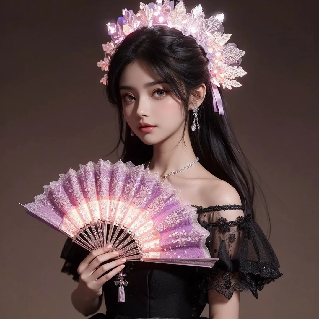 Beautiful girl, black hair, brown eyes, wearing glowing pink and purple crown, wearing black dress, holding a glowing pink and purple fan