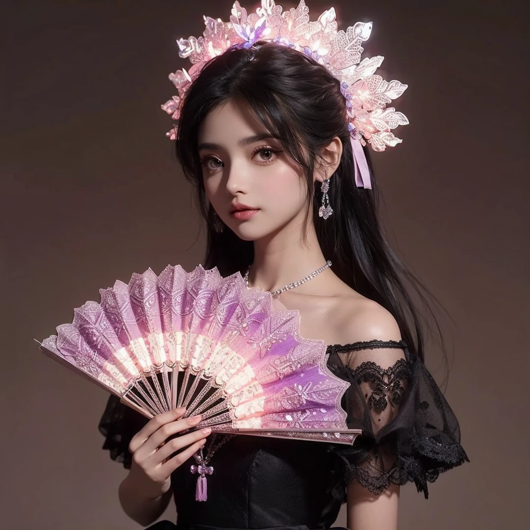 Beautiful girl, black hair, brown eyes, wearing glowing pink and purple crown, wearing black dress, holding a glowing pink and purple fan