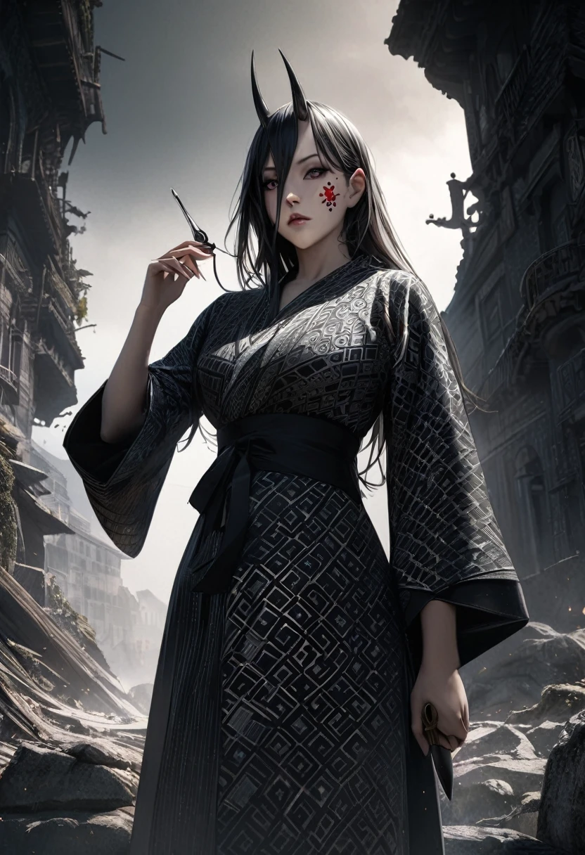 (photorealistic:1.3), Masterpiece, Best Quality, (intricate details:1.2), (scenery:1.3), beautiful face, (black theme:1.3),
(((1 girl, A girl in a patterned kimono holding a dagger in her hand, (Mira Weiwer:1.3), (face tattoo:1.2), Small oni horn,
))), whole body, Split in half