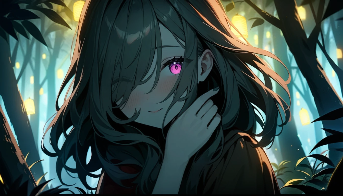 Late at night, in a dark forest, the ghost of a girl sneaks a peek behind a tree deep in the forest, high quality, high detail, 4k.8k