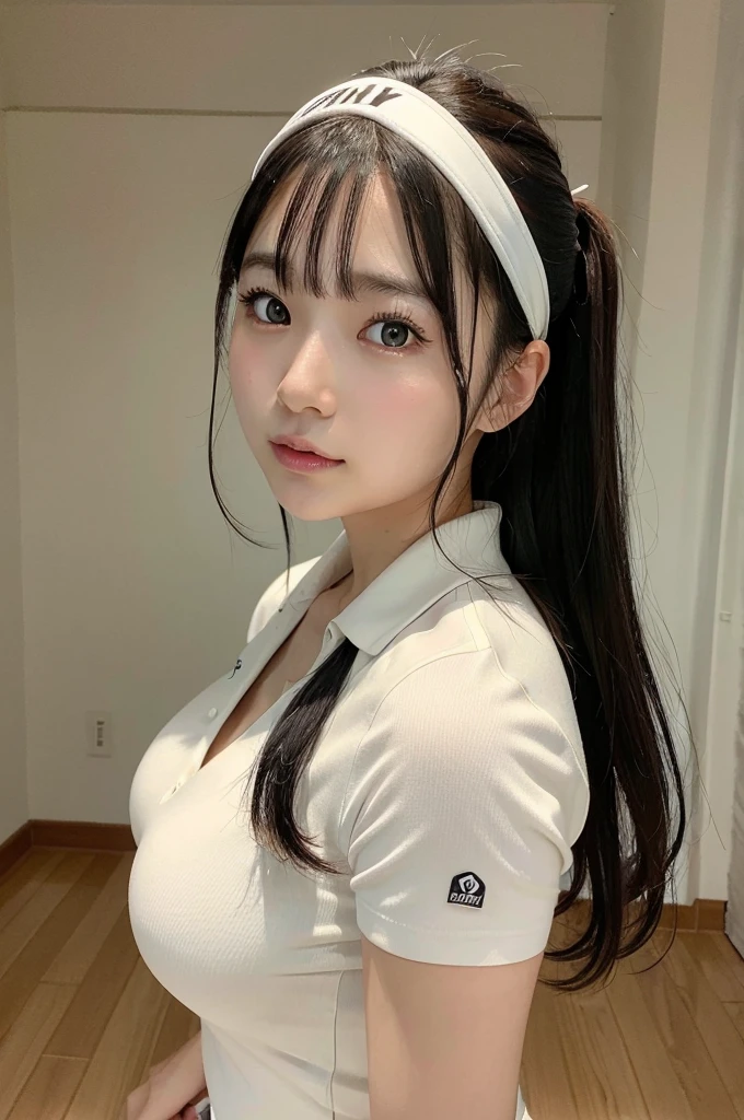 8K、High definition、Ultra Detail、Photorealistic、Realistic and accurate depiction、Realistic and accurate human anatomy、High resolution、Highest quality、Beautiful Japanese woman in golf wear, Detailed body, Live Action、beautiful girl golfer、cute、clear、The ultimate beautiful girl、Perfect Body Shape、Beautiful breasts、、Perfect Skin、Charm、Active、Black Hair、Japanese female professional golfers、cuteゴルフウェア、Random hairstyle with tied hair