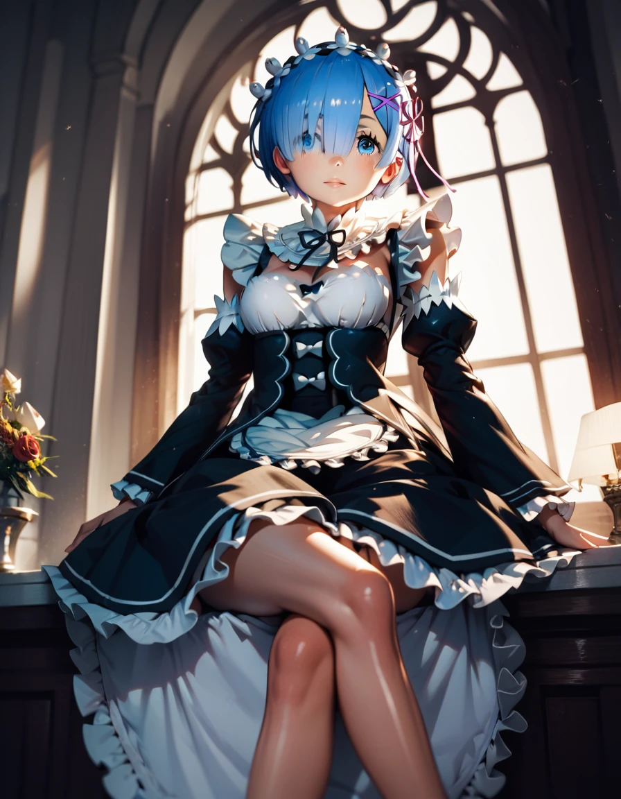 score_9, score_8_up, score_7_up, (masterpiece, best quality, very aesthetic, ultra detailed, source anime, anime, intricate details), rem_\(re:zero\)
blue_eyes,hair_over_one_eye,short_hair,blue_hair,hair_ribbon,roswaal_mansion_maid_uniform, 1girl, solo, sitting, crossed legs, from below