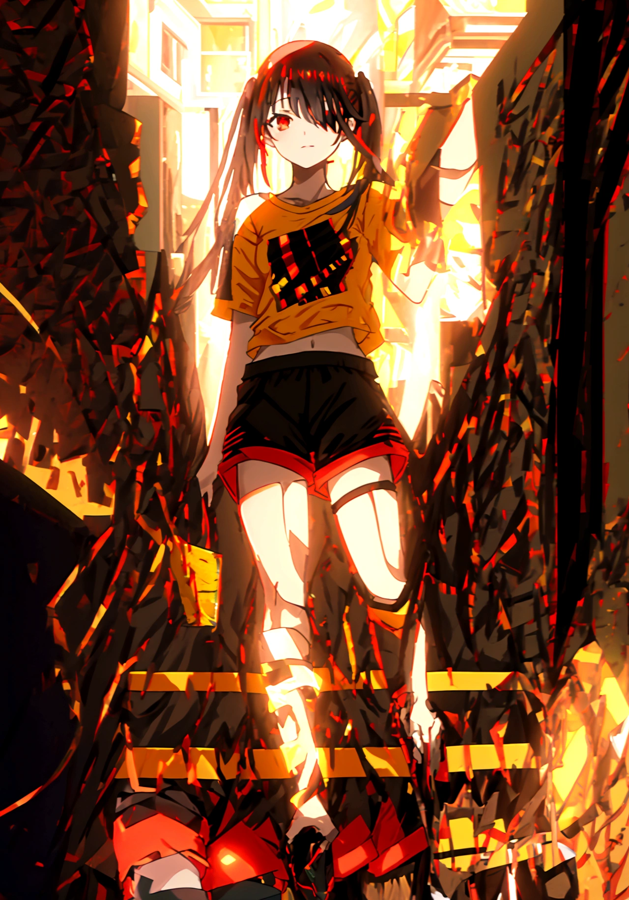 ultra-detailed,highly detailed,best quality,masterpiece,illustration
1girl, ((tokisaki kurumi)), cosplay, hair over one eye, (right red eye, left yellow eye), looking at viewer, happy girl, low twintails, ((t-shirts)), (((black hotpants))), hair rings, loafers,
(Outdoors) , walking, beach
