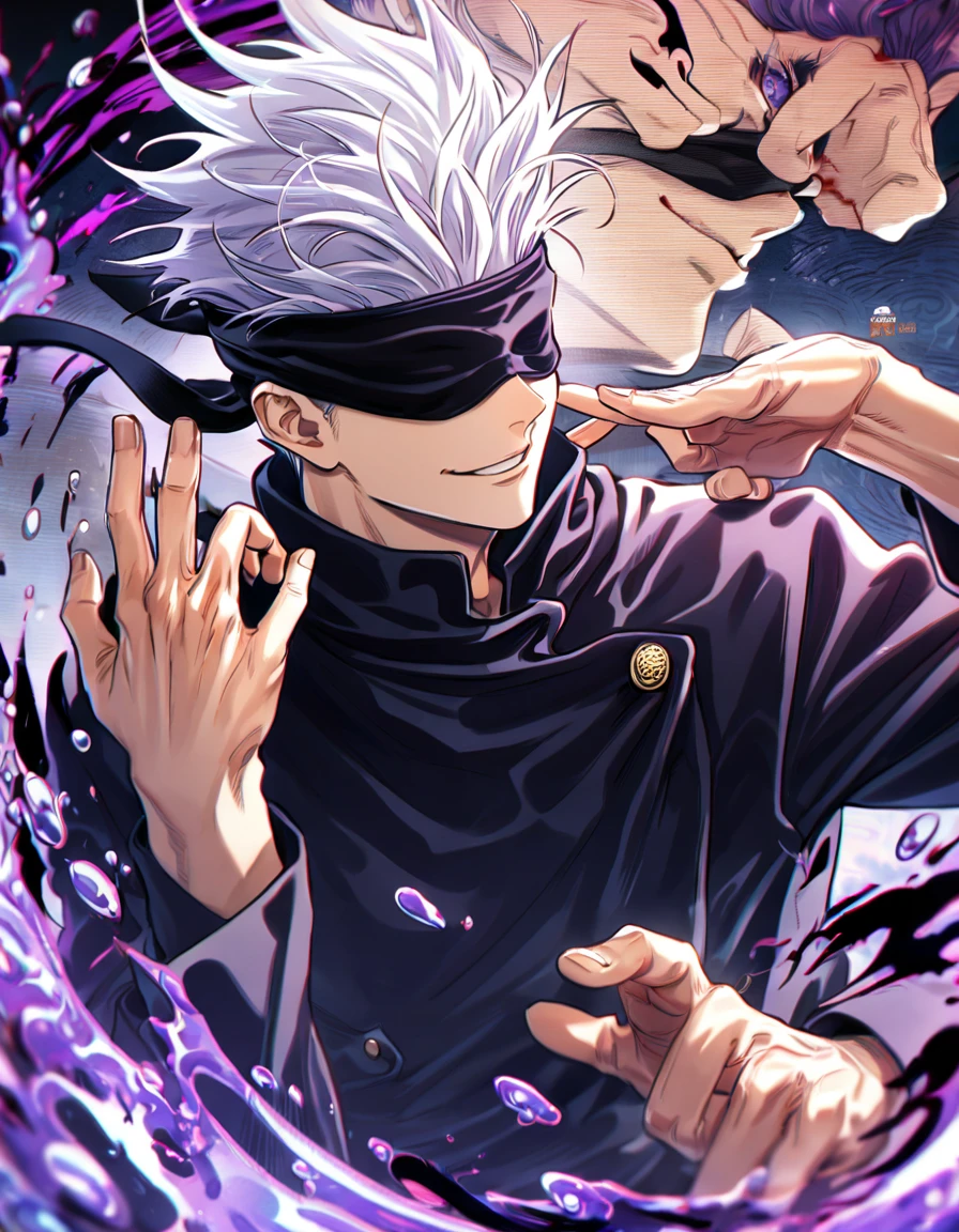 absurdres, highres, ultra detailed, HDR, master piece, Gojou Satoru, white hair, blindfolded eyes, black shirt, Jujutsu Kaisen, man, handsome, best quality, blue moon, magical, solo, water Jujutsu Kaisen uniform, handsome smile, purple aura, fight pose, dynamic positon, bloodshed background