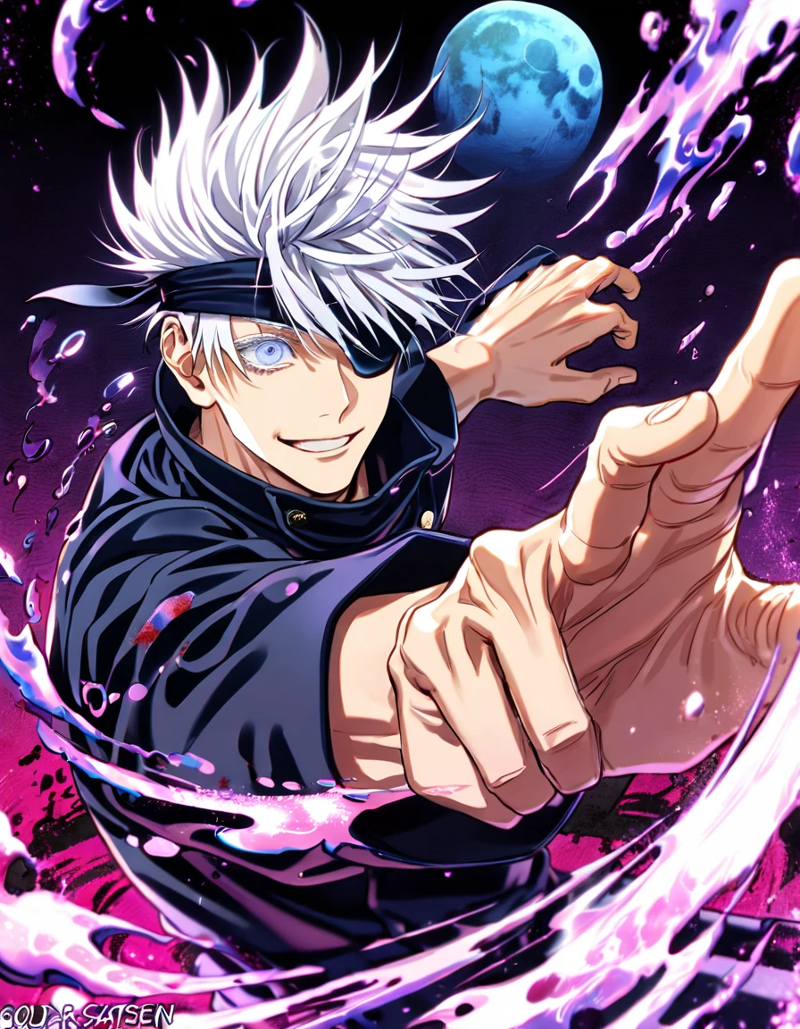 absurdres, highres, ultra detailed, HDR, master piece, Gojou Satoru, white hair, blindfolded eyes, black shirt, Jujutsu Kaisen, man, handsome, best quality, blue moon, magical, solo, water Jujutsu Kaisen uniform, handsome smile, purple aura, fight pose, dynamic positon, bloodshed background