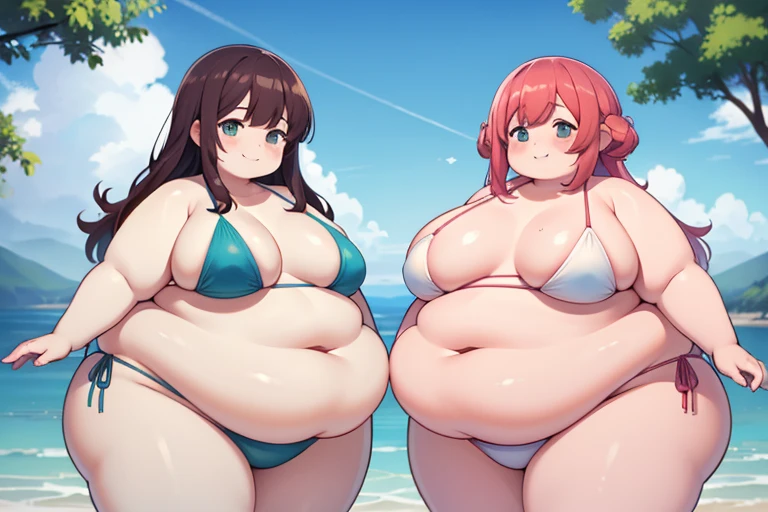 masterpiece, best quality, two obese ssbbw sisters standing next to eachother by a lake, lake, fat, obese, ssbbw, sisters, two characters, (wearing tight bikini), bikini, skimpy bikiny, smiling, young, kid, ((16-years-old)), morbidly obese, blob, immobile, copper hair, wavy hair, twins,, wide-angle shot, shallow depth of field, casual photo, colorful, two people, both equally as fat, both equally as old, ((twins)),