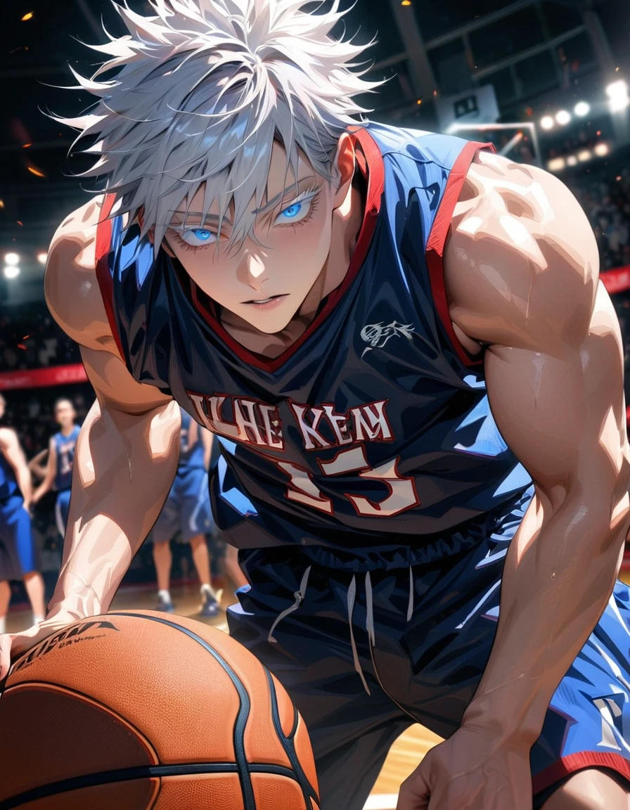 absurdres, highres, ultra detailed, HDR, masterpiece, extremely detailed face and eyes, Gojo Satoru, white hair with bangs, hair between the eyes, expressive blue eyes, white eyelashes, Jujutsu Kaisen, solo, sexy man, handsome, basketball uniform, basketball, basketball court,