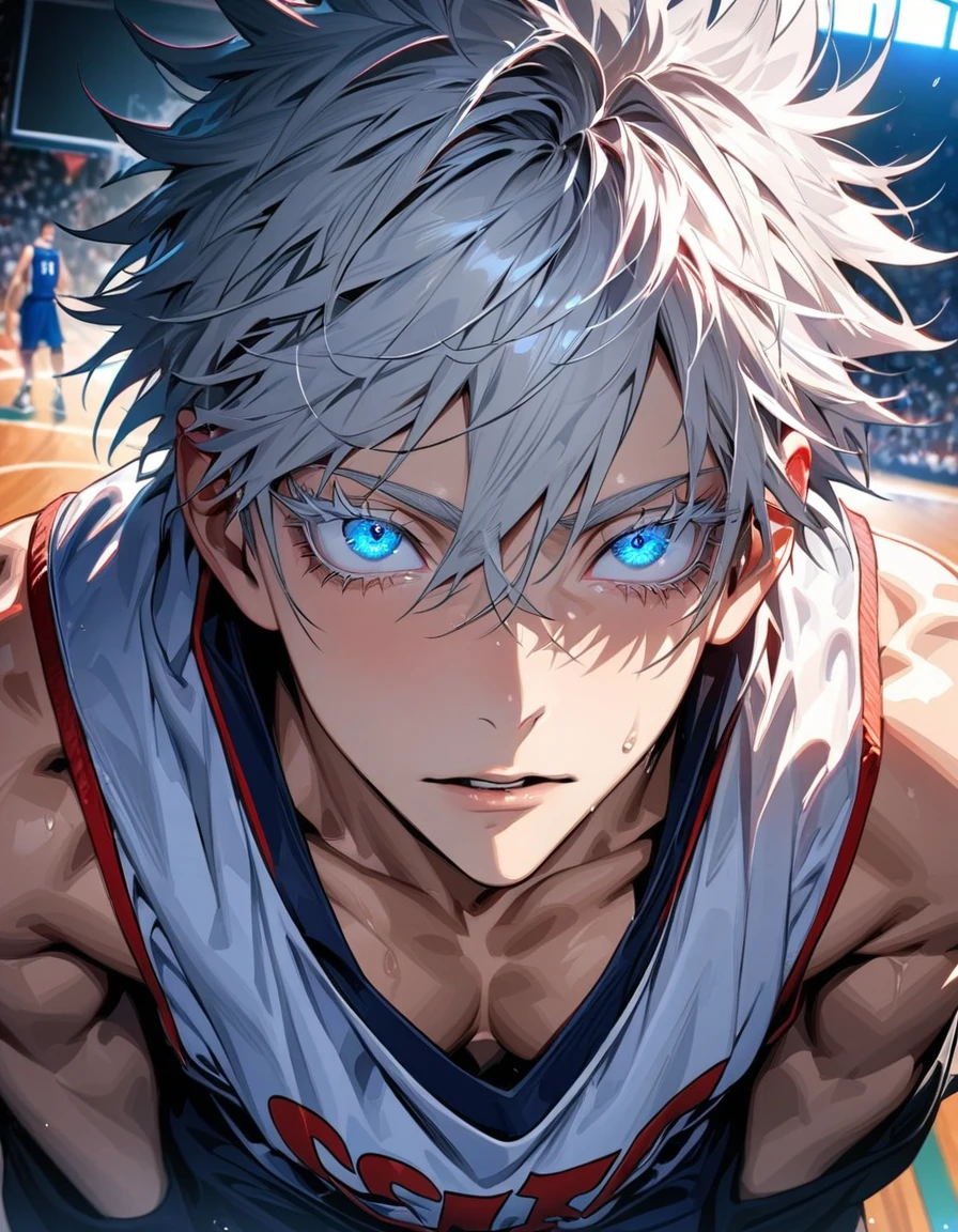 absurdres, highres, ultra detailed, HDR, masterpiece, extremely detailed face and eyes, Gojo Satoru, white hair with bangs, hair between the eyes, expressive blue eyes, white eyelashes, Jujutsu Kaisen, solo, sexy man, handsome, basketball uniform, basketball, basketball court,