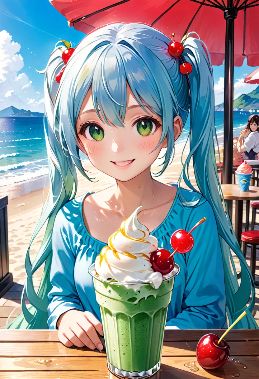 Ice cream and red cherry on a green drink in a seaside cafe decorated with flowers、girl, Light blue long hair、Beautiful girl with twin tails、Bright smile、cream soda、Cute realistic portrait, かわいいgirlのアニメビジュアル, ソーダをテーマにしたgirl, かわいいアニメのgirl,With a straw, Splash art anime 
